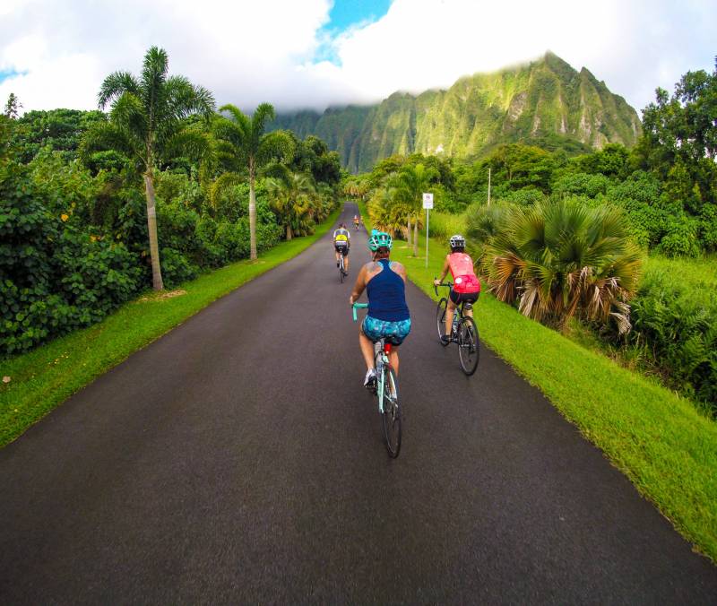 Bicycling in the Hoomaluhia Botanical Garden (Kaneohe, Oahu) with Koolau mountains